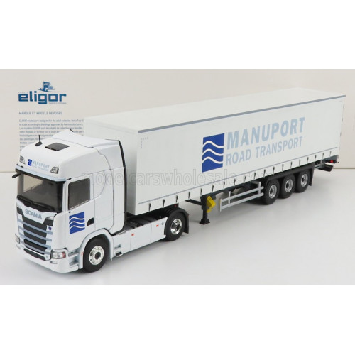 1:43 Масштабная модель SCANIA S500 V8 TRUCK TELONATO MANUPORT TRANSPORTS (2018), WHITE BLUE