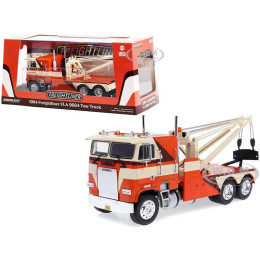 1:43 Масштабная модель эвакуатор FREIGHTLINER FLA 9664 1984 Orange/White/Brown